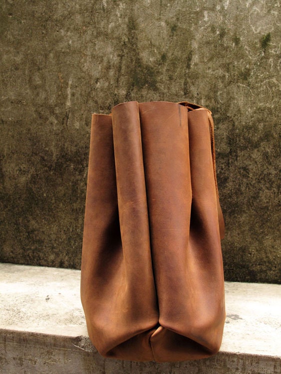 Hand-stitched Brown Leather Double Strapped Shoulder Bag - featured on front Page of Etsy