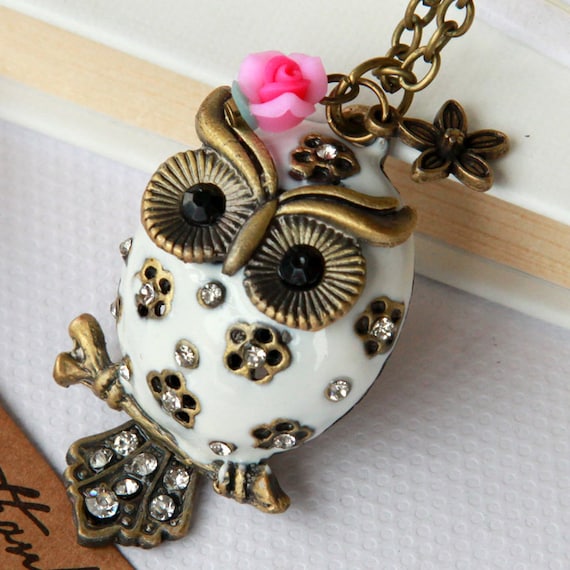 vintage cute big belly owl Necklace, with pink flower, the tail can moveable