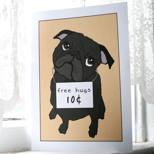 Black Pugs and Free Hugs Cards - Set of 4