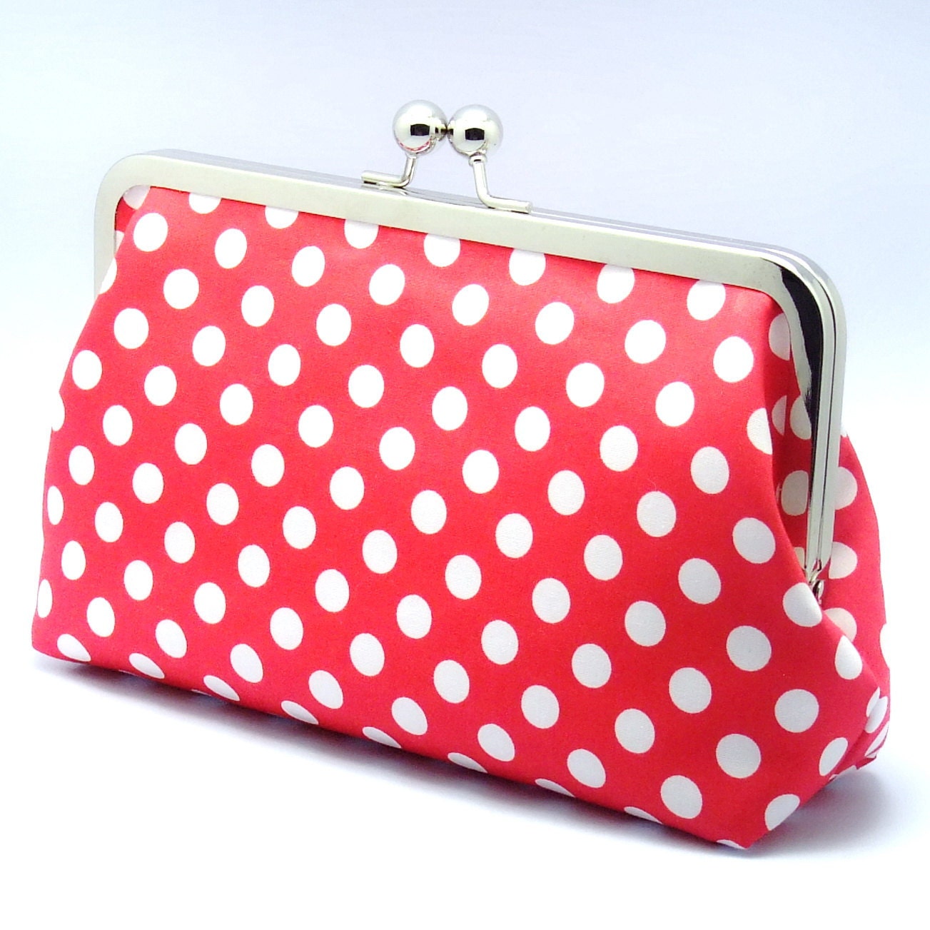 White Polka Dots in Red- Large Clutch Purse (L-040)