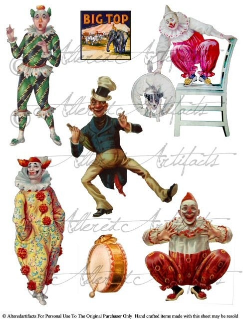 Acting Up Circus Clowns Jesters Vintage Altered Art Scrap Digital Collage Sheet for your Puppet Theaters
