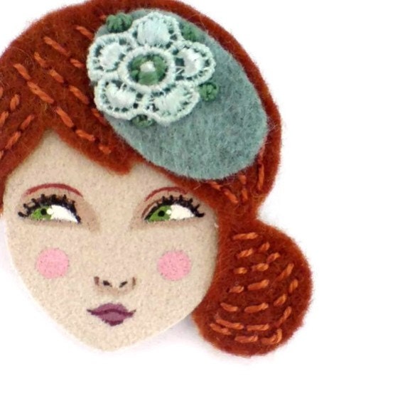 Embroidered felt brooch - Anna, copper, mint, Autumn, woman face