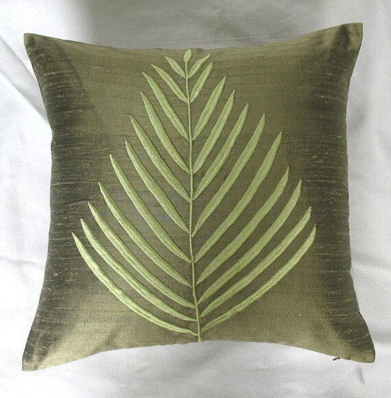 Olive green fern leaf throw pillow 16 inch cushion cover in silk