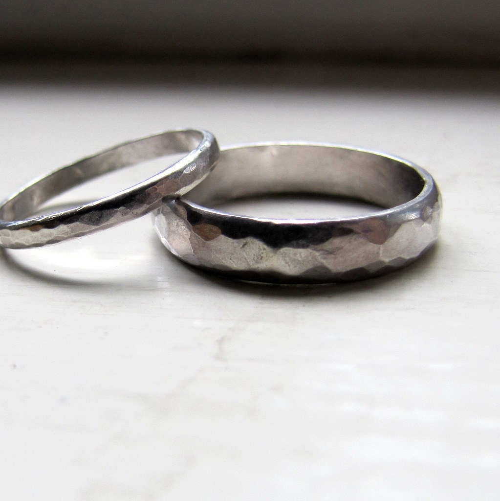 Unique wedding bands of hammered sterling silver