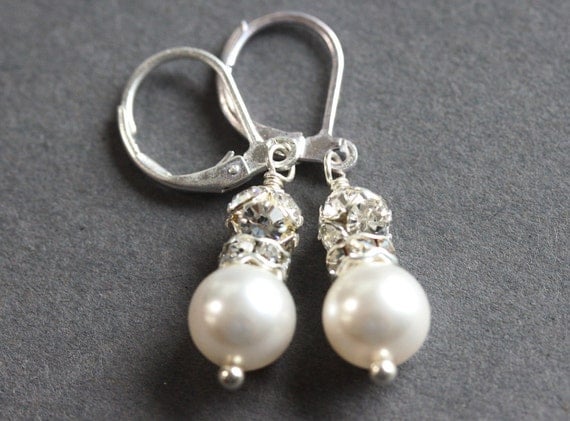 Rhinestone Pearl Earrings , Pearl Dangle Earrings ,Wedding Earrings , Bridal Jewelry, Bridesmaids Earrings