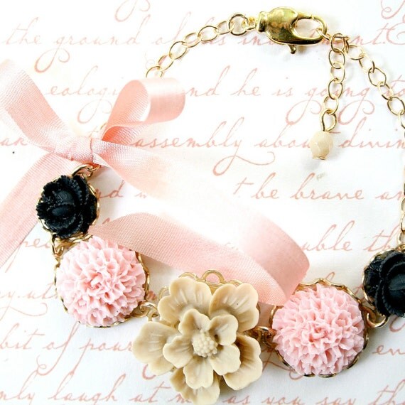 Blush and Black Adjustable Flower Bracelet