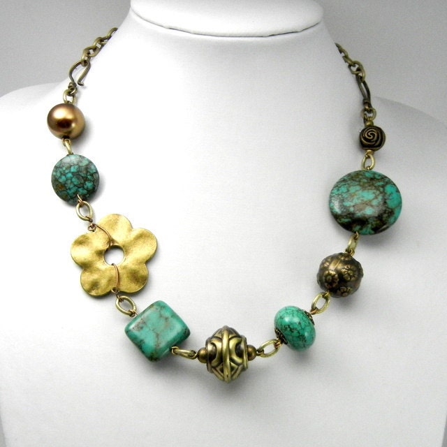 Hand Made Turquoise and Bronze Necklace - Adjustable with Hooks