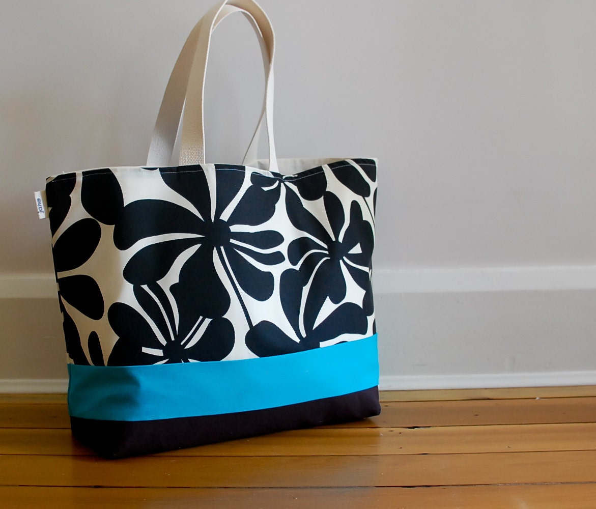 EXTRA Large Beach Bag // Tote  in Black Floral with a pinch of Turquiose