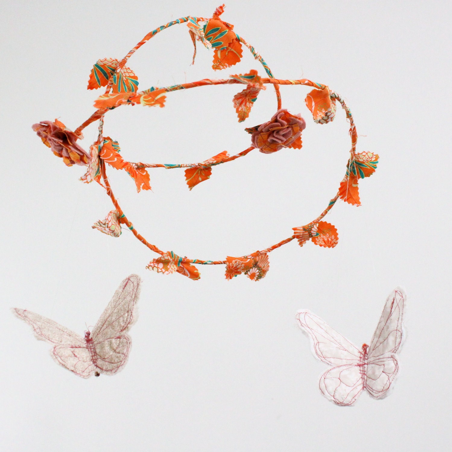 Butterfly Mobile - ballet in the garden - fabric in clementine orange, mango, cream, white, gold, dusty rose pink, and a touch of green