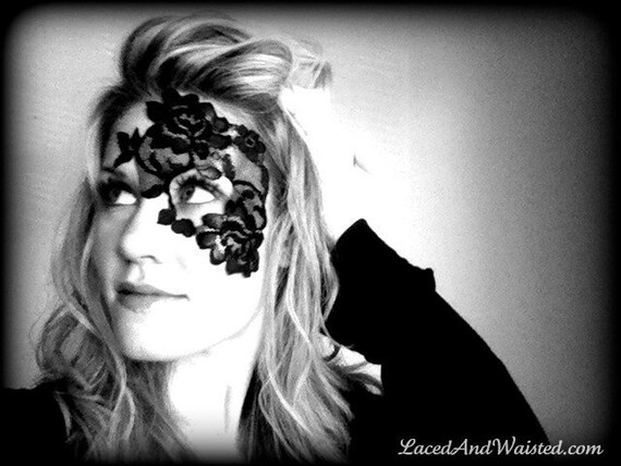 Steampunk Mask - Black Lace Mask - unique half mask ADHERES TO SKIN - no annoying strap around your head
