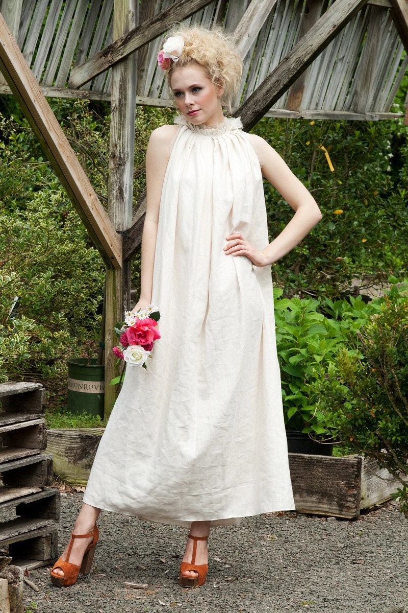 Long pure Linen Dress/ Abstractly gathered at the neck line/ Ivory/ White/ One size fits most/