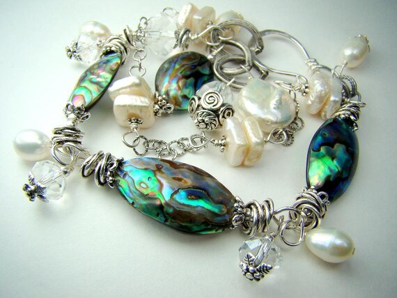 Abalone and freshwater pearl bracelet, double strand, crystal, sterling silver