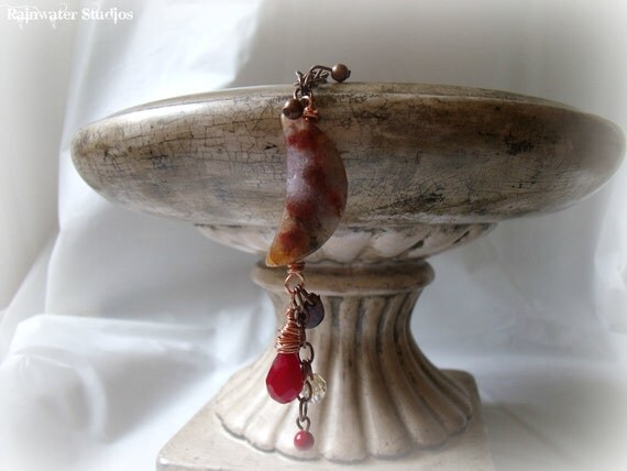 Wolf Moon Necklace-Wire Wrapped Agate, Copper, Coral, Garnet-OOAK
