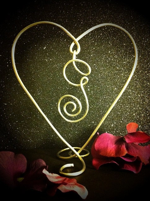 Wire Heart with Dangle Initial Wedding Cake Engagement Anniversary Topper 