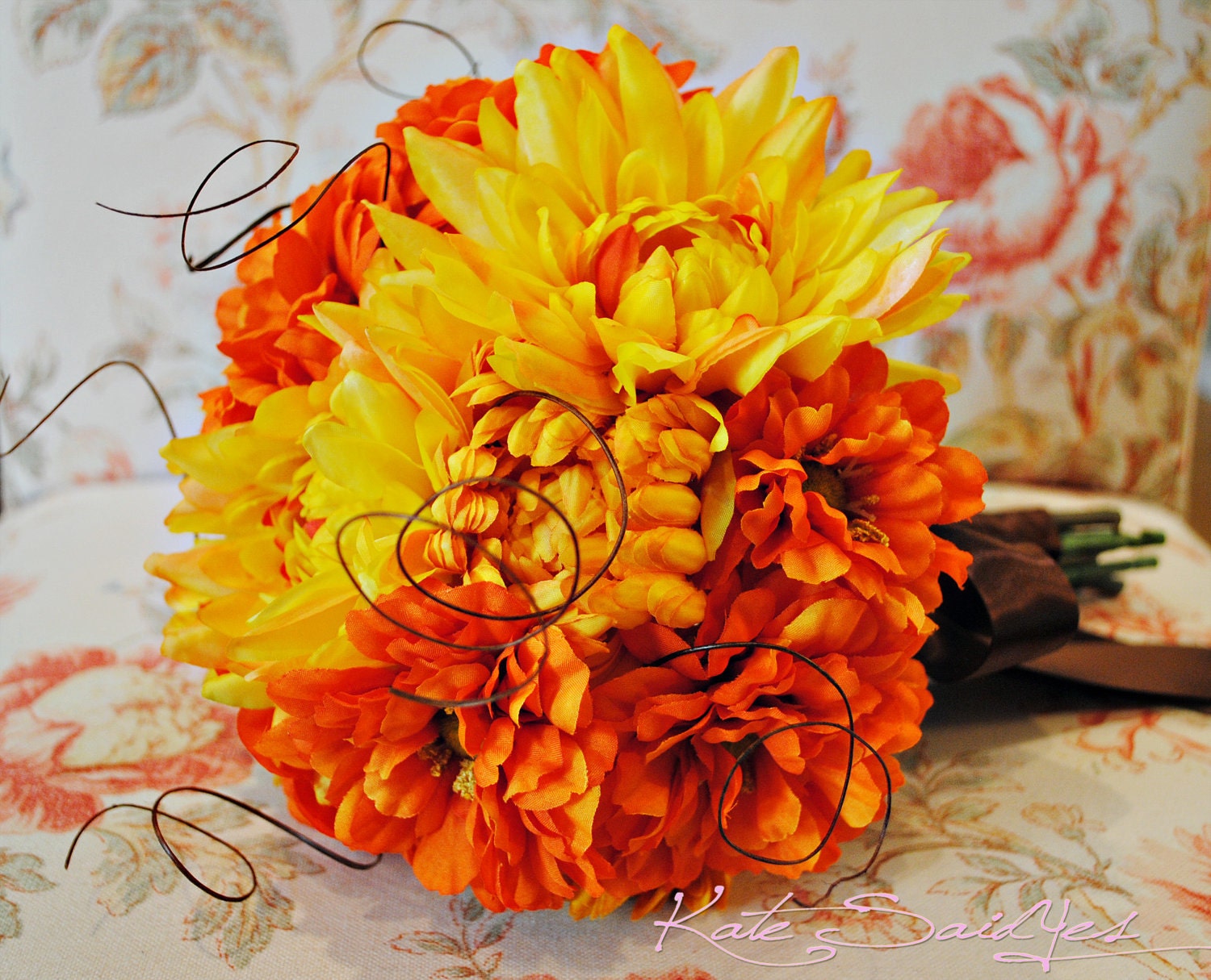Silk Wedding Bouquet Orange and Yellow Zinnia Dahlia Mum Wedding Silk 