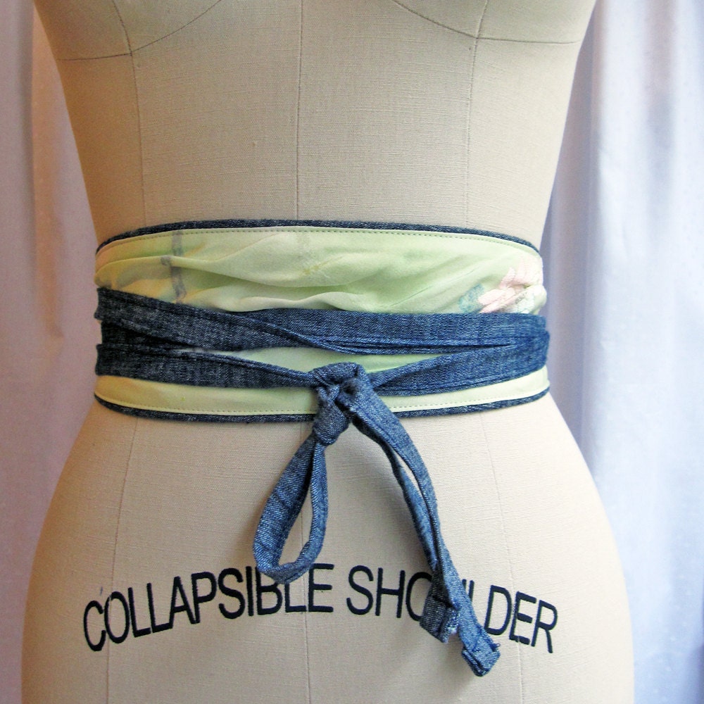 Reversible eco Obi belt - mint  / organic denim - Sale
