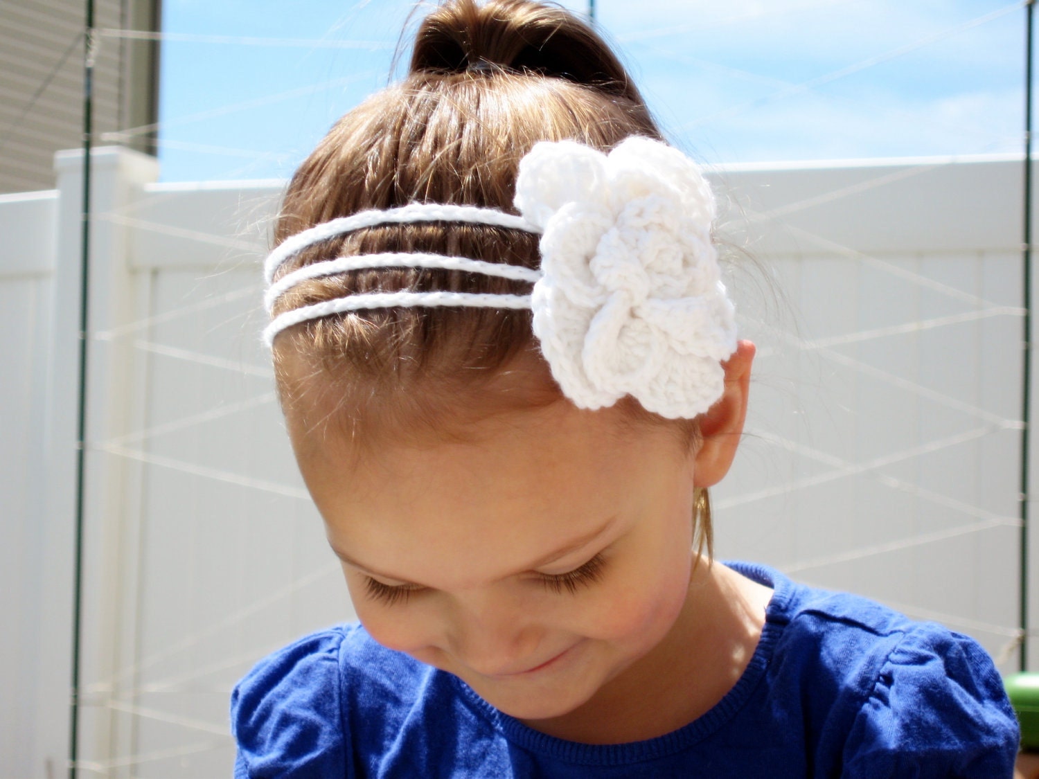 White Crocheted Headband with Rose Flower Clip Set, choose your size- adult,child, and baby sizes available