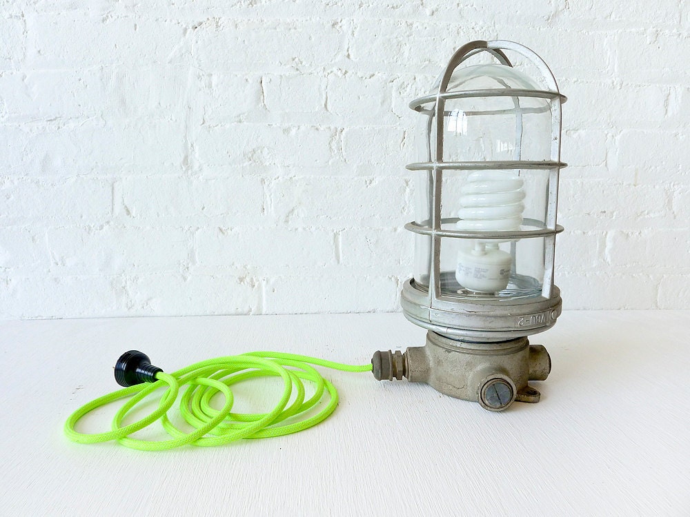 Vintage Industrial LARGE Vapor Proof Cage Lamp w/ Neon Green Yellow Color Cord