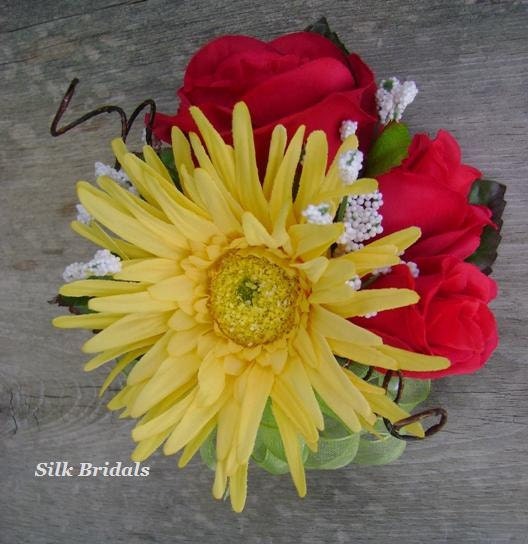 YELLOW daisy RED roses silk CORSAGE Wedding Birthday Prom flowers lime green