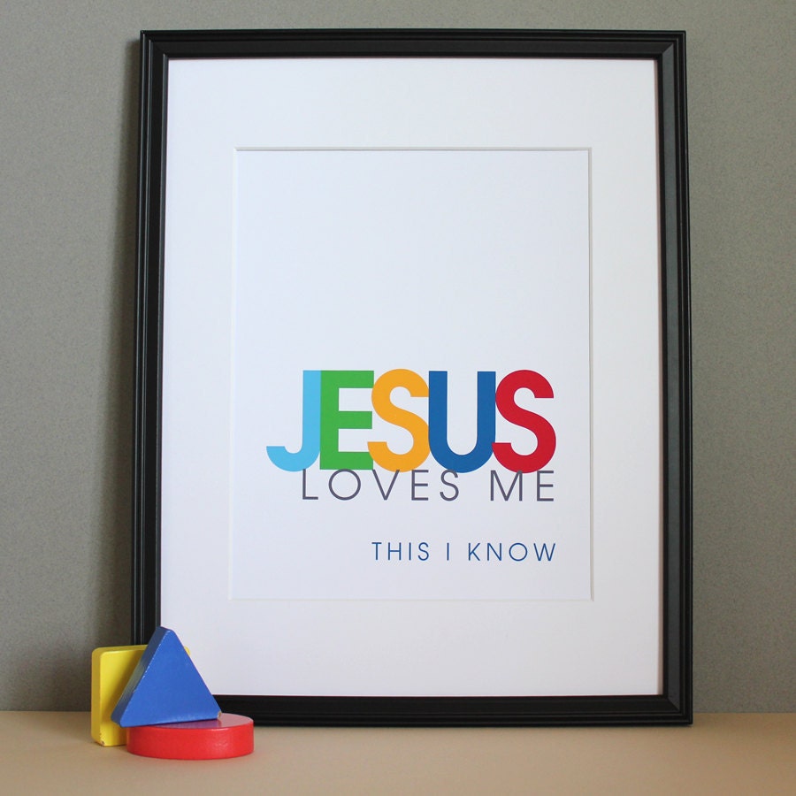 Christian Nursery Art, Jesus Loves Me, Blue, 8x10, Unframed