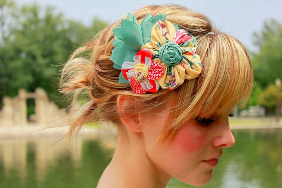 Flower Cluster Headband -Yellow, Coral and Mint Green- JustLiv