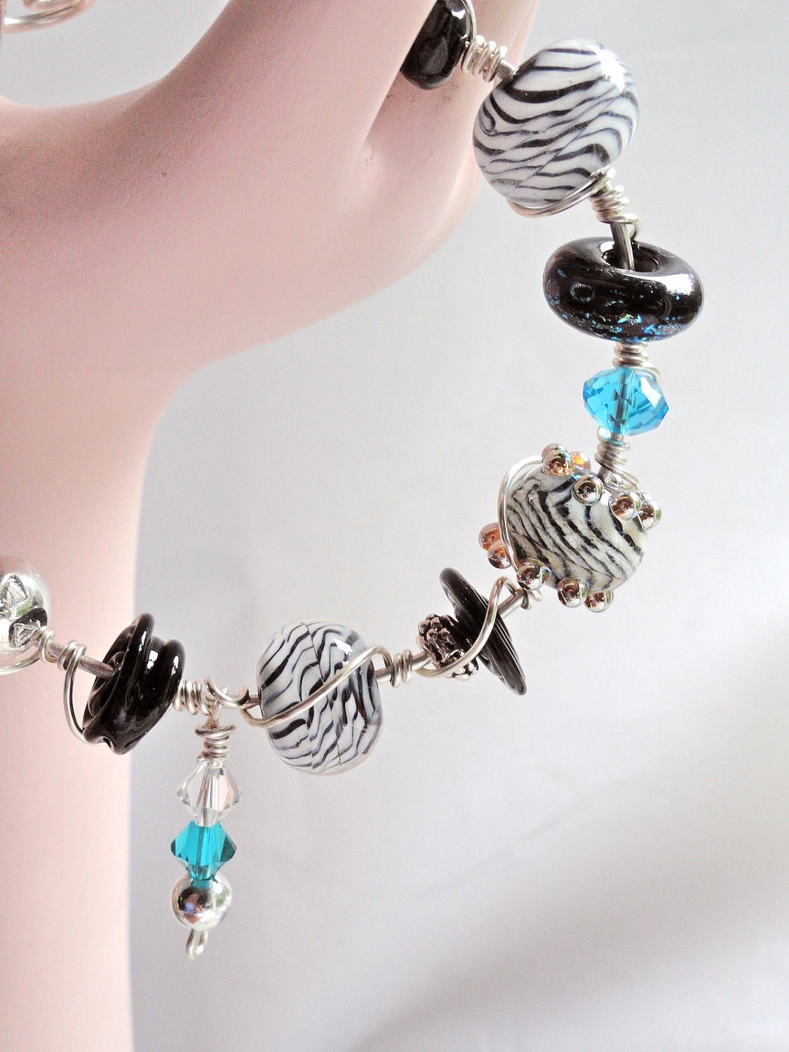 Black and White and Blue Zebra Striped Lampwork Bead Wire Wrapped Bracelet