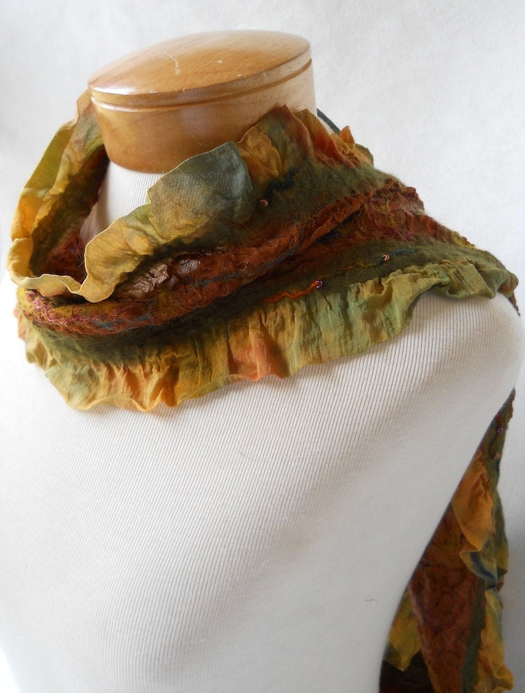 Nuno felted scarf in olive and brown