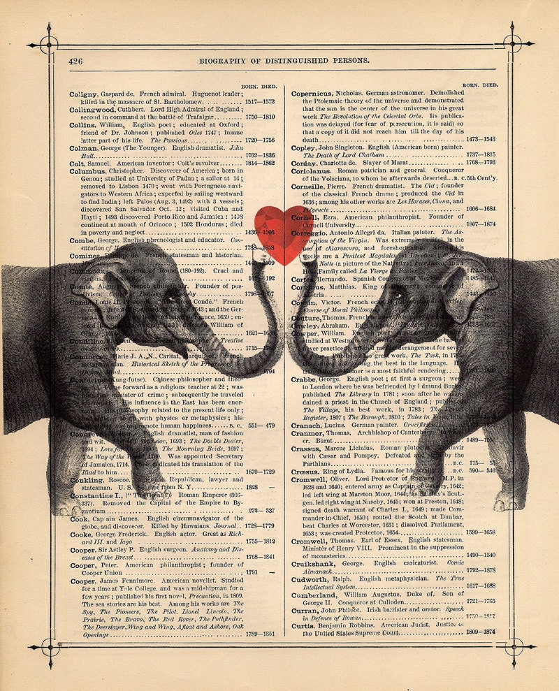 ELEPHANT Lover Dictionary Art Print Upcycled Book Art Print Vintage Book Print