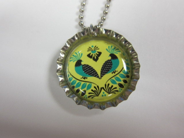 Bottlecap Necklace - Russian Folk Love Birds in Green and Yellow