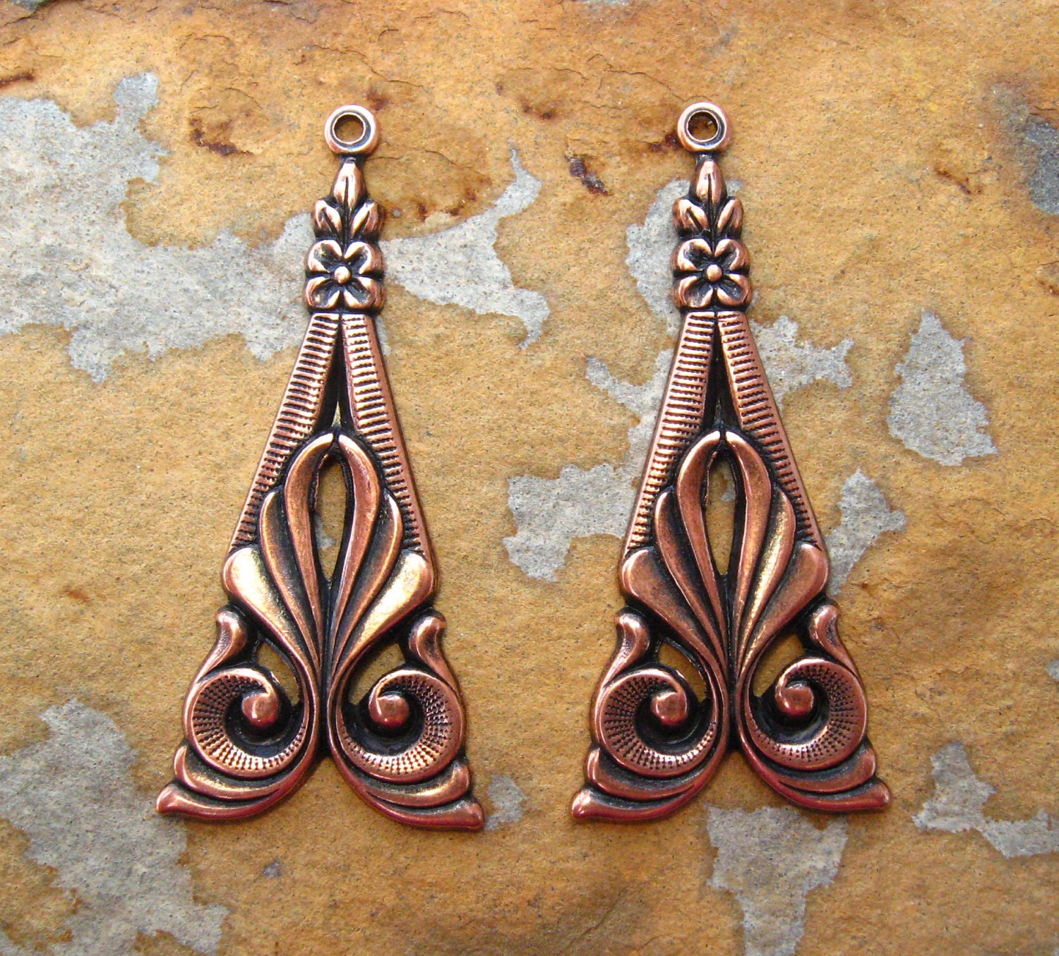 2 Antique Copper Tamar Deco Drop 15mm x 34mm - Trinity Brass Co. LOW SHIPPING