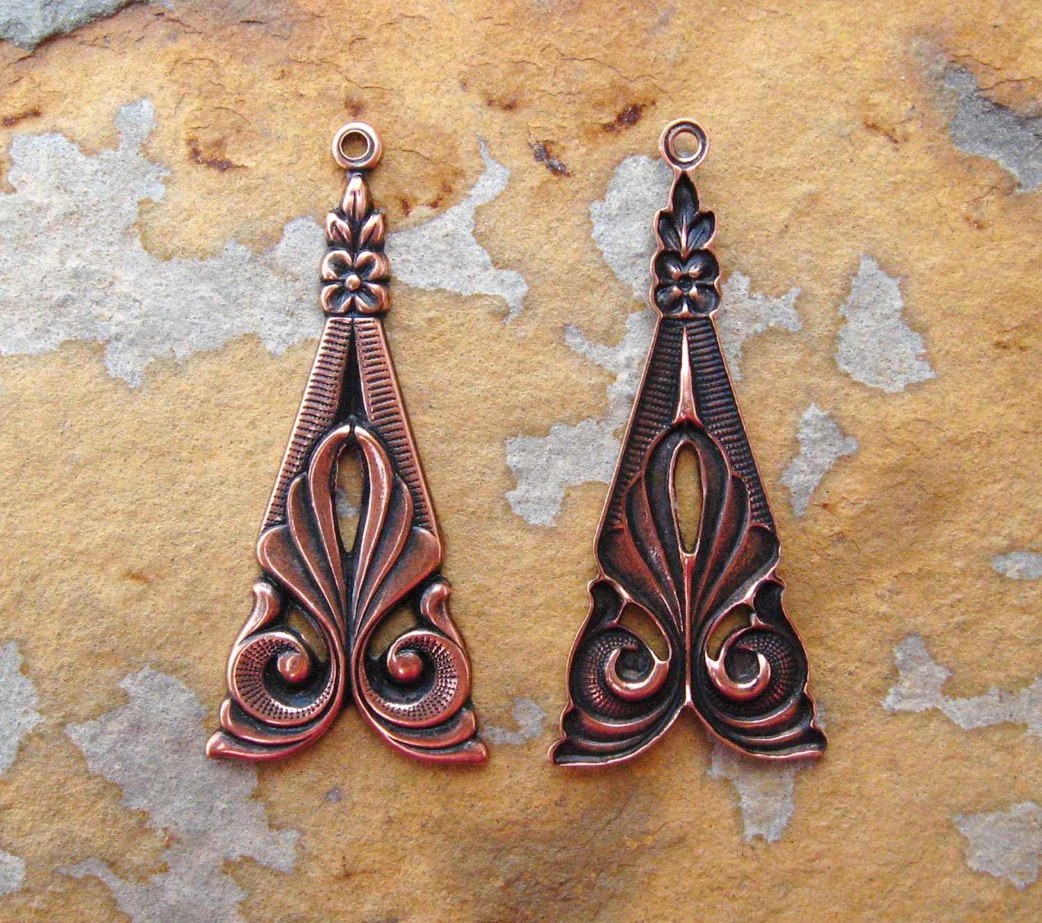 2 Antique Copper Tamar Deco Drop 15mm x 34mm - Trinity Brass Co. LOW SHIPPING