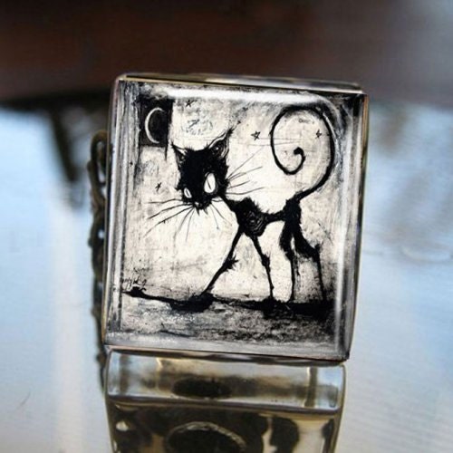 Glass Tile Adjustable Filigree Ring-Gothic Black Cat Halloween