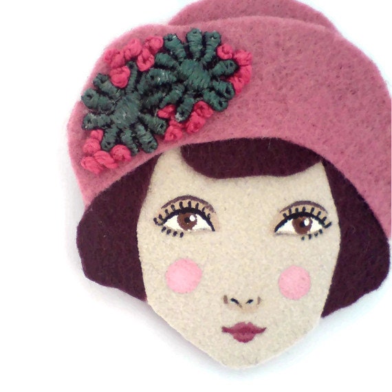 Felt brooch - Louise, Jazz age girl, rose, burgundy, cypress, woman face