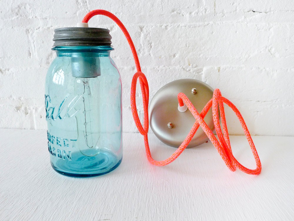 Vintage Mason Ball Jar Pendant w/ Neon Orange Pink Color Cord