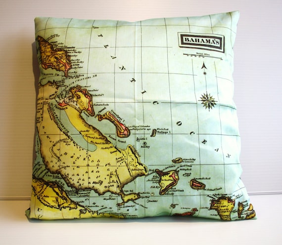 vintage map, cushion THE BAHAMAS organic cotton cushion cover, map cushion, 16 inch, 41cm