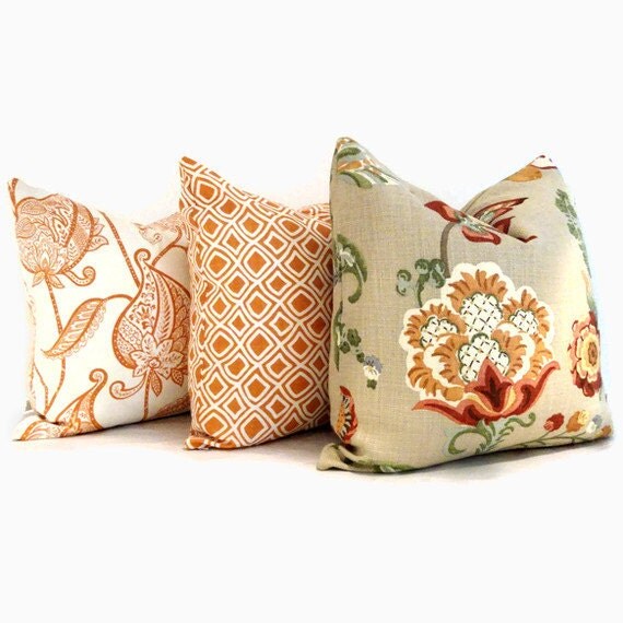 Orange Paisley Flowers,  Duralee  Decorative Pillow Cover, 18x18, 20x20, 22x22