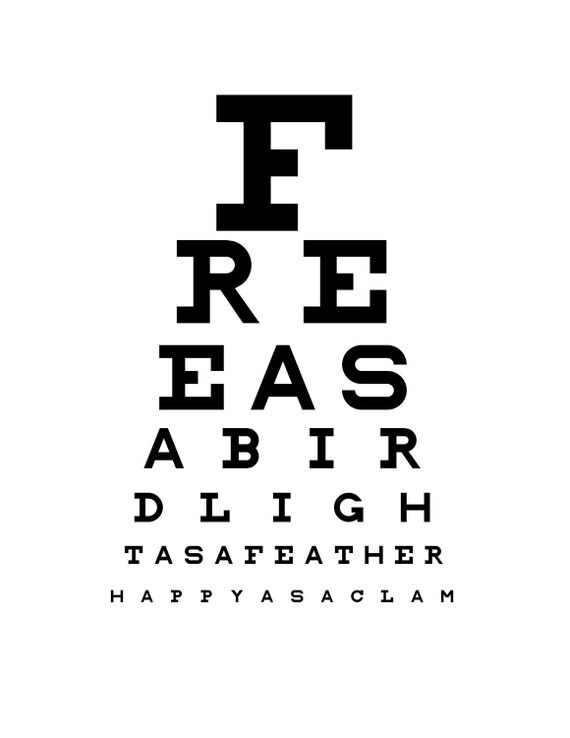 Free as a bird, light as a feather, happy as a clam. Eye chart in sea glass blue and gray. 16x20 by YassisPlace on Etsy.