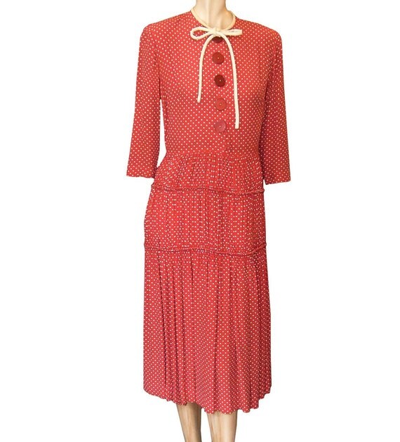 Vintage 1930s Red Polka Dot Rayon Dress (size S-M)