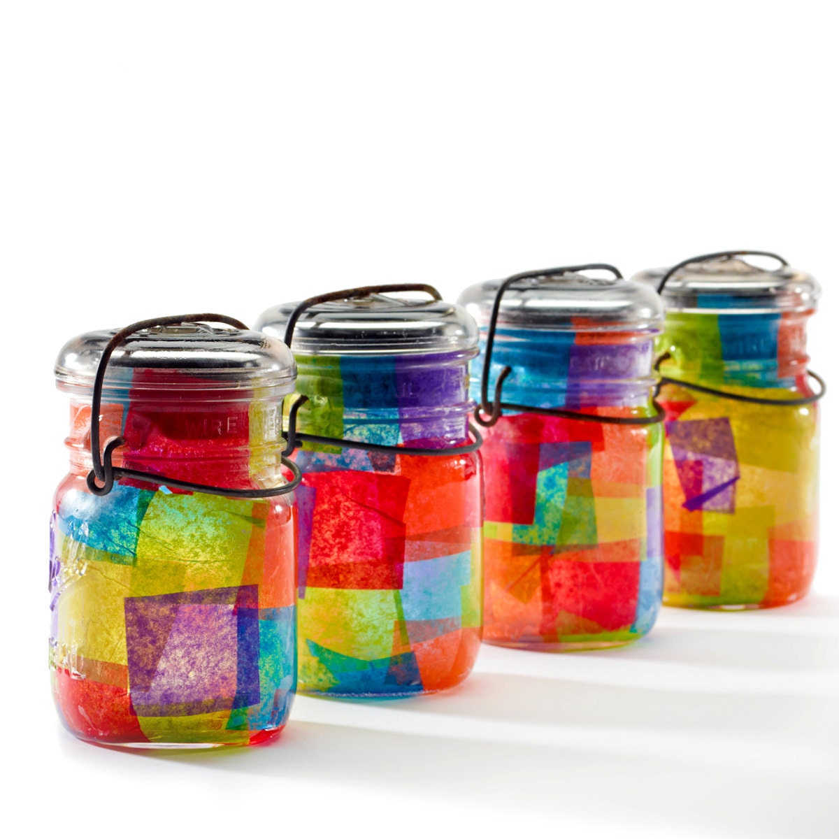 vintage atlas & ball glass top mason jars .. ooak handmade solar lights : pint size decoupage - set of four rainbow stained glass multi