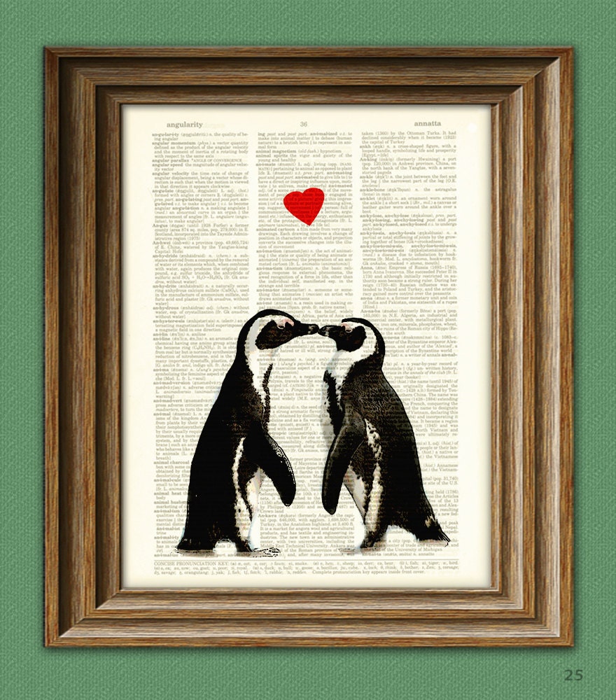 Penguin Art Print Romantic PENGUIN COUPLE in love with heart altered art dictionary page illustration book print