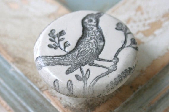 Handstamped Right Hand Bird on Branch Knob- VintageSkye