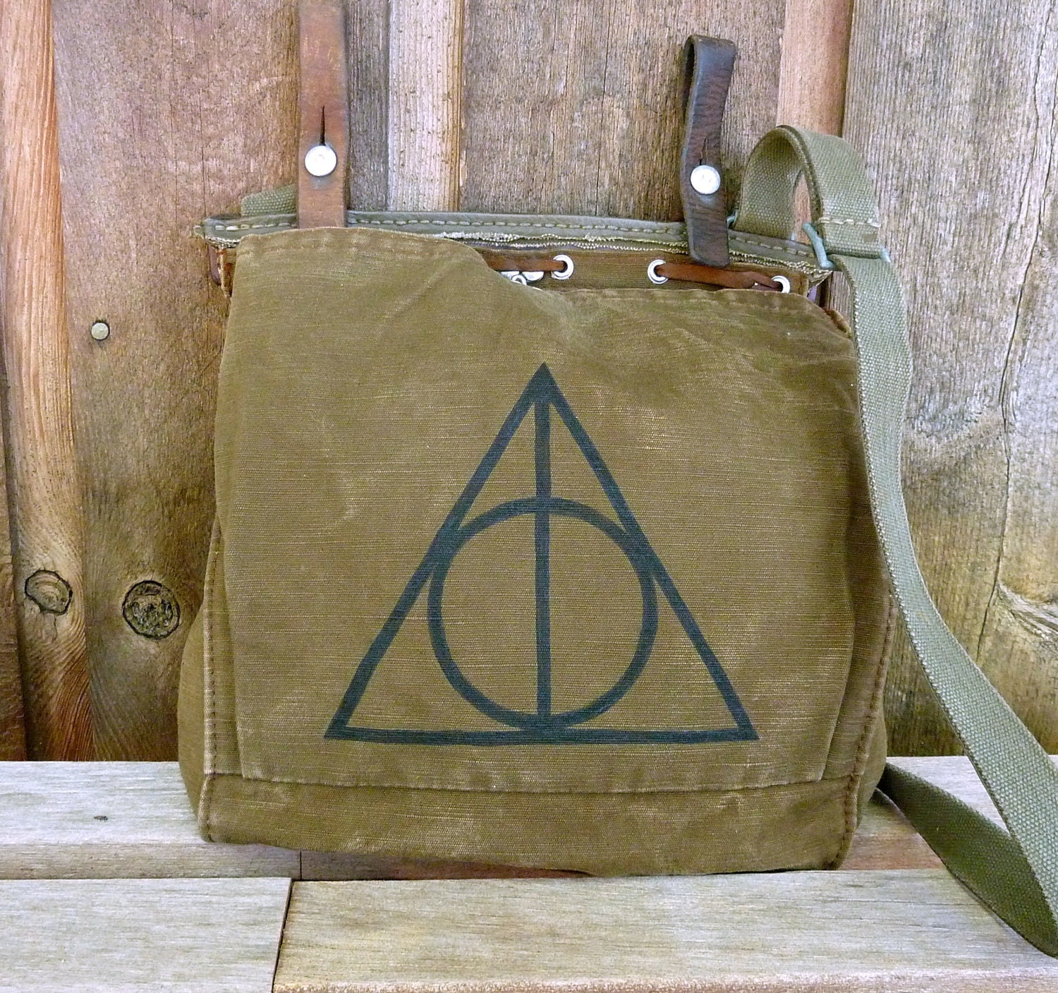 Harry Potter Deathly Hallows Hand Painted on a Vintage Swiss Military Satchel