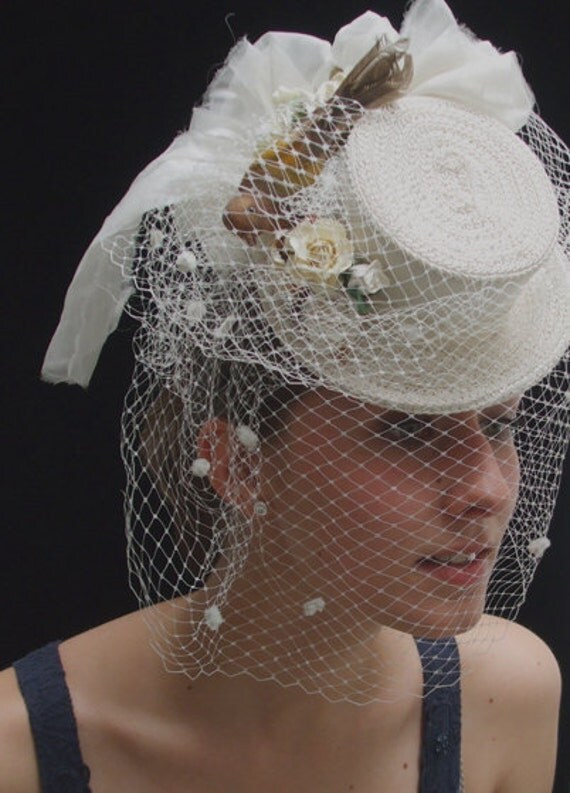Ivory Victorian Bridal Hat'Birdy' w Veil Made on request