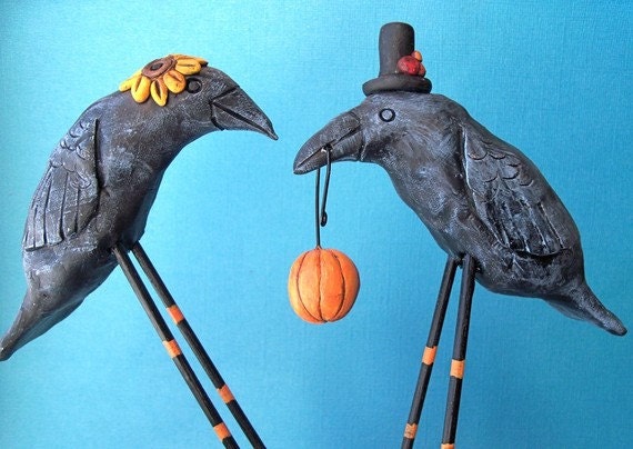 Crows with Pumpkin and Sunflower Wedding cake topper