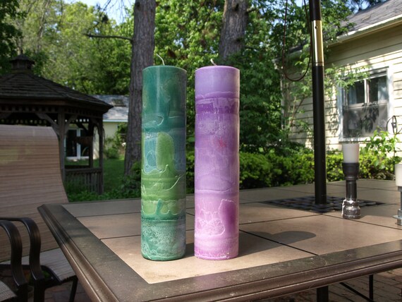 Palm Feather Round Pillar Candle 12 Inch Tall Select Colors and Fragrance
