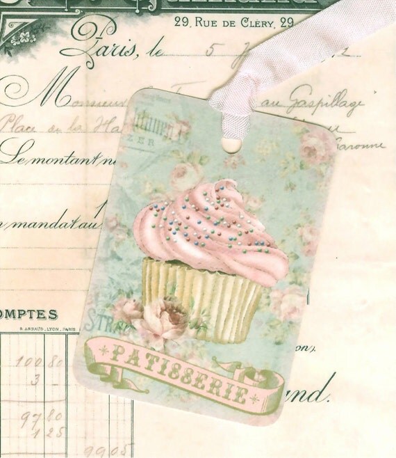 French Style Shabby Gift Tags Cupcakes Patisserie Pink Aqua by Bluebird Lane