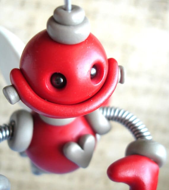 Red Rigby Angel Bot Christmas Ornament Robot Sculpture - Clay, Wire