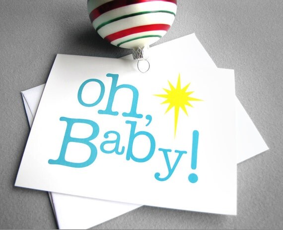 Christmas cards - Oh, Baby - Set of 5 blue, yellow and white simple, modern Christian religious Christmas cards