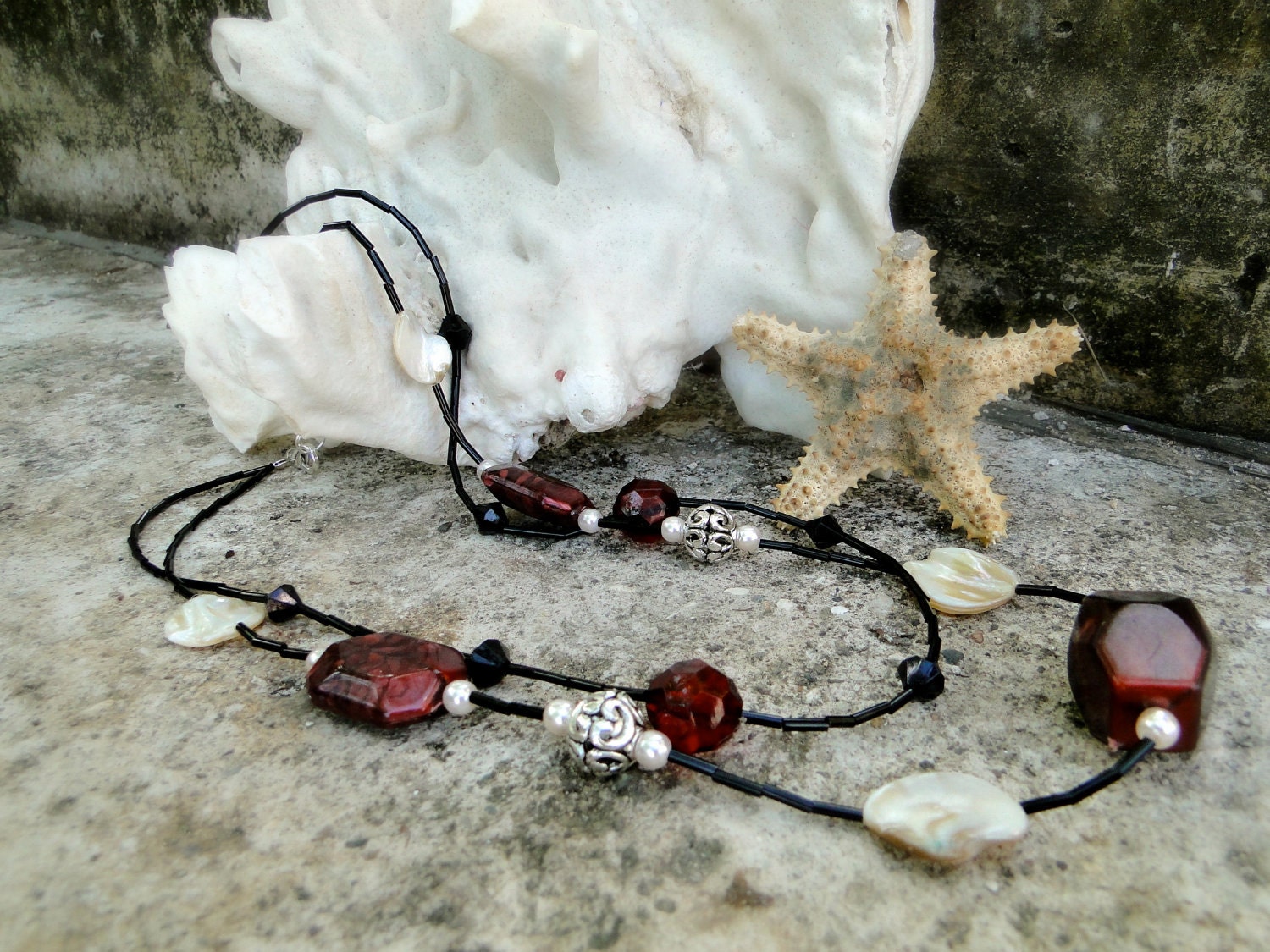 End Of Year Sale  Jamaican Otaheite Apple - Crimson and Black Beaded Necklace