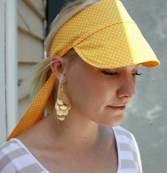 Tie back fabric sun cap - yellow white polka dot - 1950s style